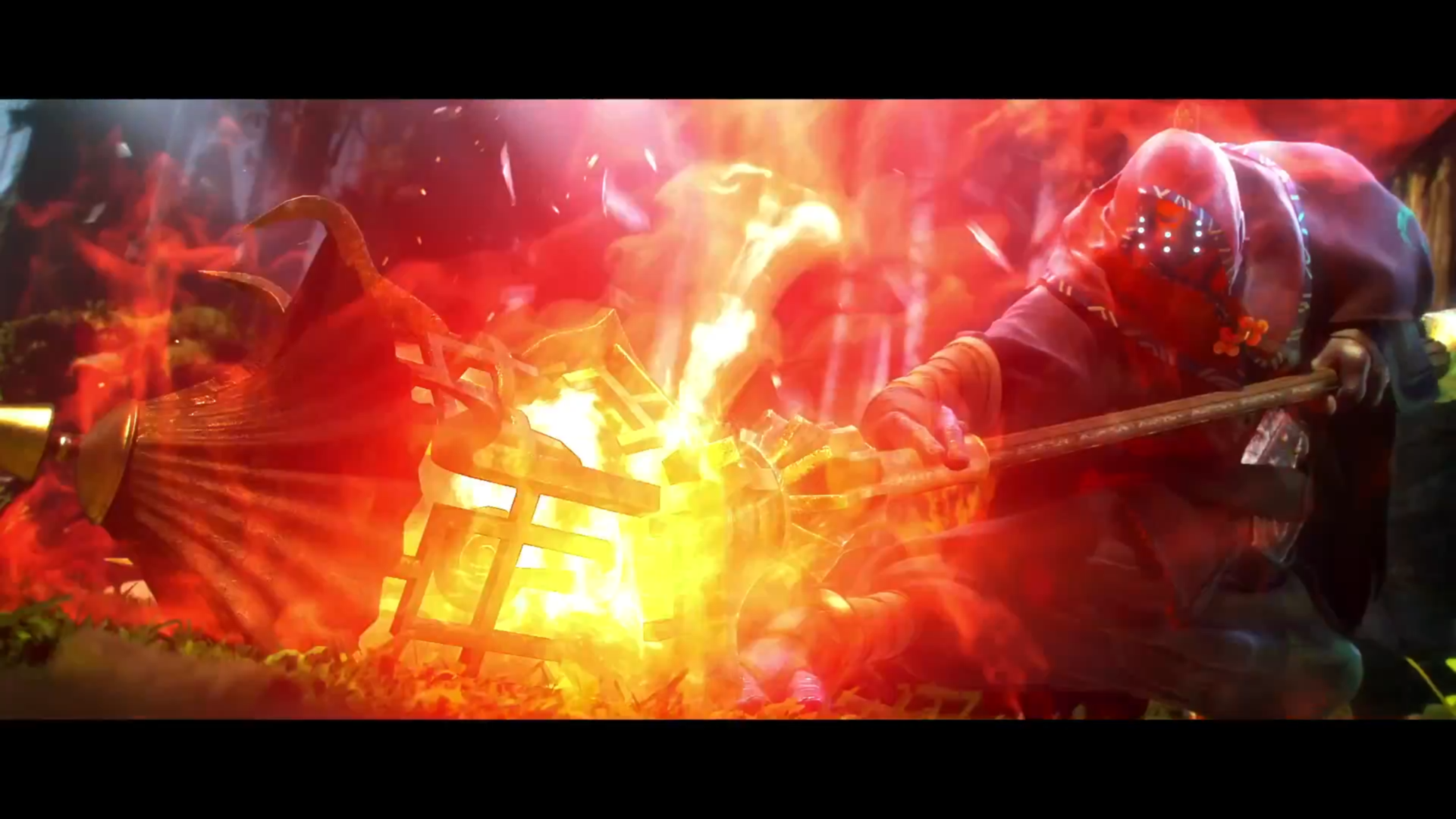 HD PC desktop wallpaper of Jax from the video game League of Legends, charging with his lamppost weapon through a burst of fiery, glowing battle light.
