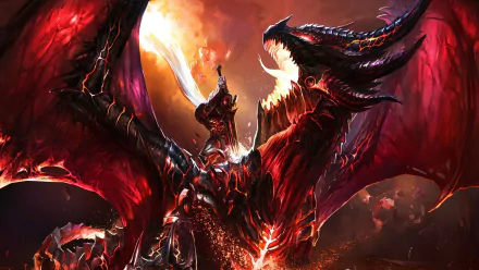 HD fantasy desktop wallpaper showcasing a fierce red dragon with glowing eyes and fiery breath against a dark, intense background.