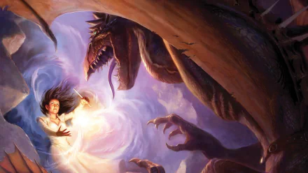 HD fantasy desktop wallpaper depicting a fierce magical battle between a sorcerer and a dragon, inspired by The Wheel of Time series.