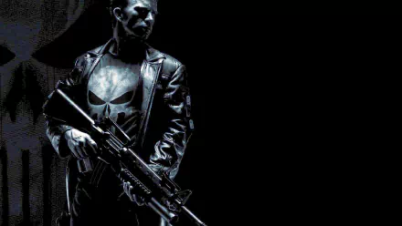 HD PC desktop wallpaper featuring The Punisher from the 2004 movie, showing the character in a dark setting holding a firearm with his iconic skull emblem visible.
