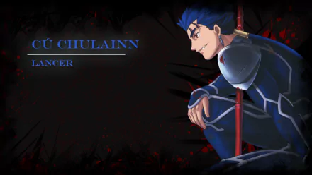 HD PC desktop wallpaper featuring Lancer from the anime Fate/Stay Night, showcasing the character Cú Chulainn in a dynamic pose against a dark background.
