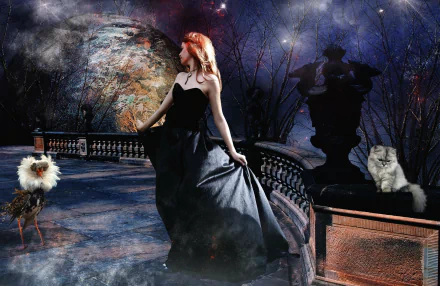 Fantasy HD PC desktop wallpaper and background: a red-haired woman in a flowing black gown on an ornate balcony beneath a cosmic sky and planet, flanked by a fluffy bird and a cat.