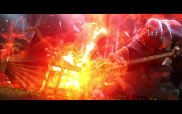 HD PC desktop wallpaper of Jax from the video game League of Legends, charging with his lamppost weapon through a burst of fiery, glowing battle light.