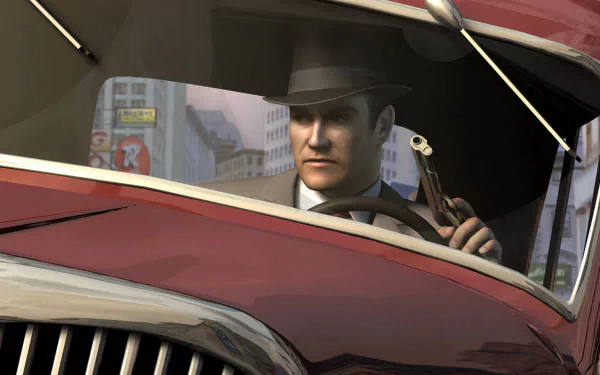 HD PC desktop wallpaper featuring a character from the video game Mafia: The City of Lost Heaven, holding a gun inside a vintage red car.
