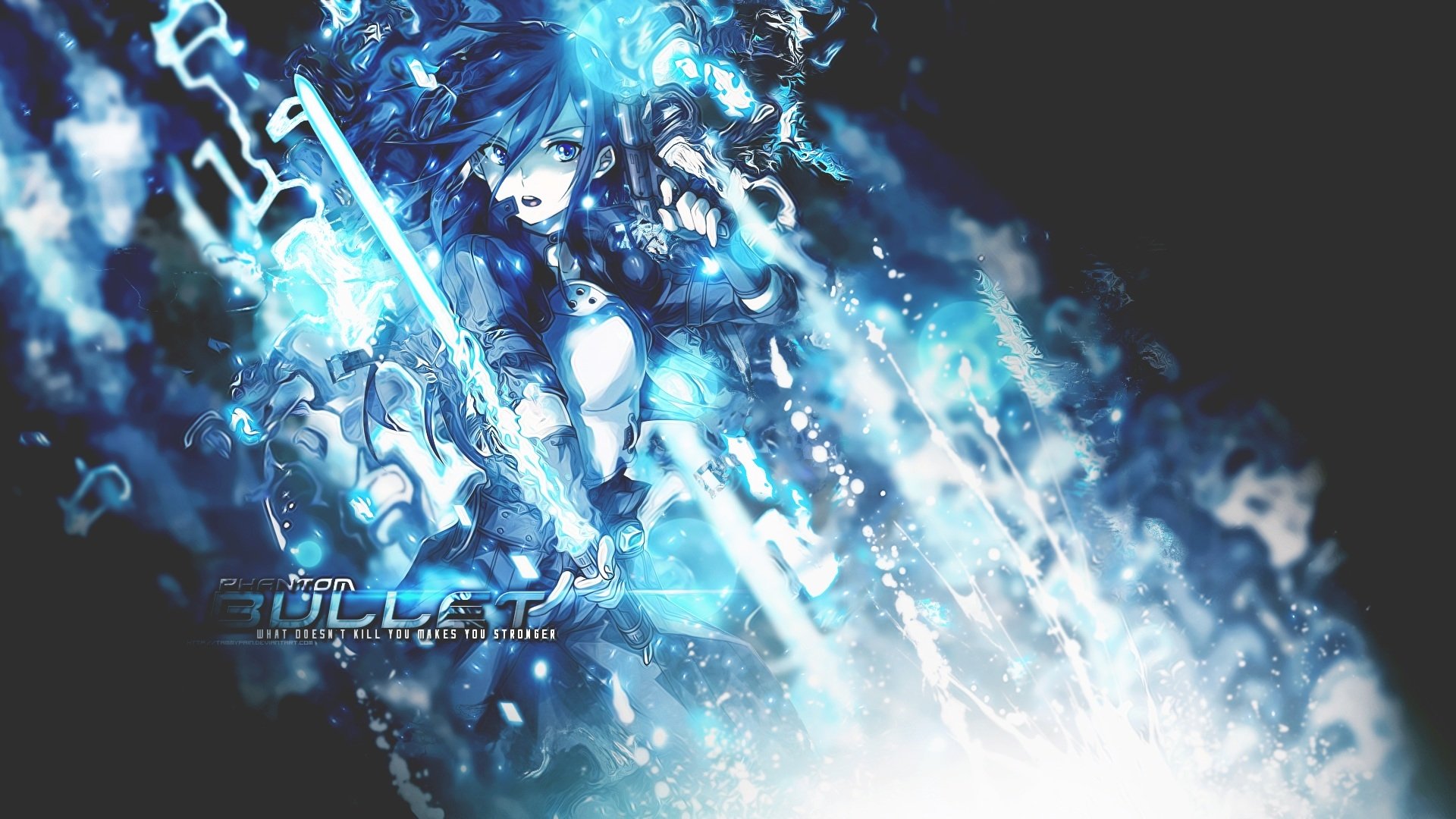 HD PC desktop wallpaper featuring Kirito from Sword Art Online II in an intense anime-style action scene with dynamic blue and white energy effects.