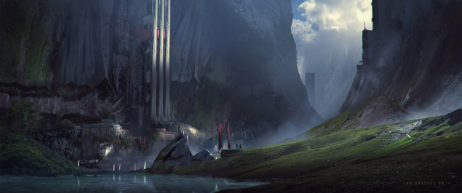 HD PC desktop wallpaper: fantasy landscape of a misty valley with towering cliffs, a glowing monolithic spire by reflective water, small settlements and grassy slopes.