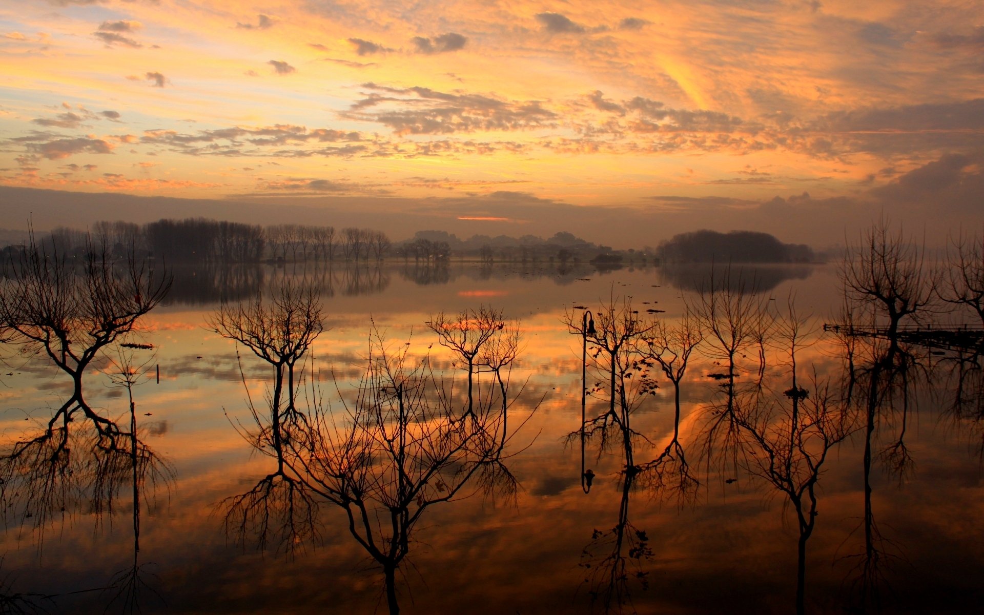 Nature, reflection — HD PC desktop wallpaper: golden sunset over a flooded forest, bare trees and distant islets mirrored in glassy water beneath dramatic clouds.