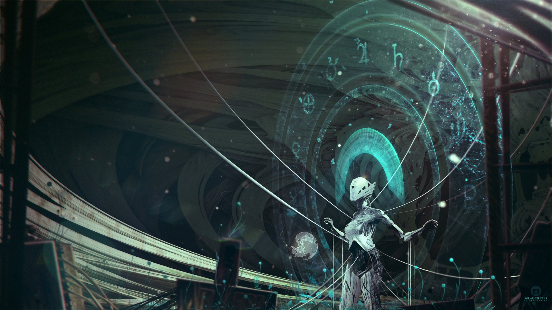 A futuristic robot stands amidst a swirling vortex of mysterious symbols and lights, creating an immersive sci-fi atmosphere. This HD wallpaper offers a captivating digital backdrop.