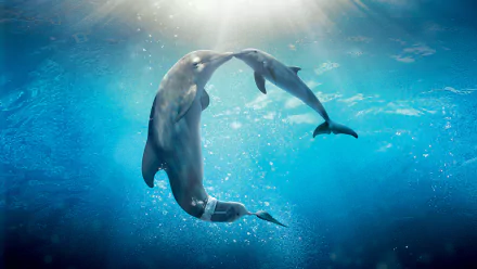A stunning 4K Ultra HD wallpaper from the movie Dolphin Tale 2, featuring two dolphins playfully swimming together in a vibrant underwater scene.