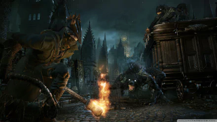 A dark and atmospheric scene from the video game Bloodborne, featuring menacing creatures and a character wielding fire in a haunting, gothic environment. High-definition PC wallpaper.