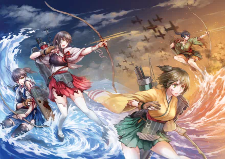 HD wallpaper of Kancolle characters Hiryuu, Kaga, and Akagi in action by water at sunset, featuring dynamic poses with aircraft and dramatic ocean waves.