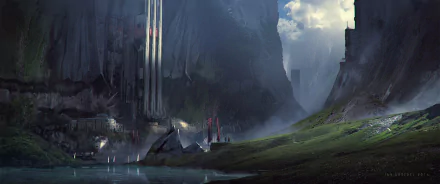 HD PC desktop wallpaper: fantasy landscape of a misty valley with towering cliffs, a glowing monolithic spire by reflective water, small settlements and grassy slopes.