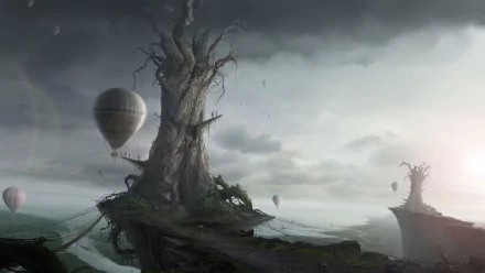 HD wallpaper featuring a gothic-fantasy landscape with towering ancient trees, suspended platforms, and balloons gliding through a misty sky.