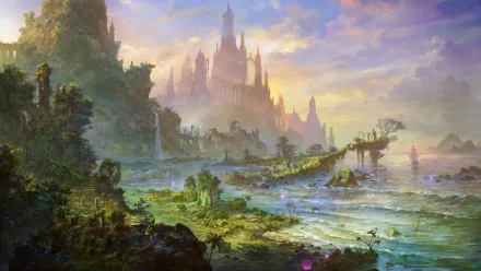 A vibrant fantasy scene featuring a majestic castle in the distance, surrounded by lush landscapes and a serene body of water, creating an enchanting HD wallpaper for desktops.