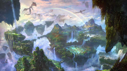 HD desktop wallpaper featuring a stunning, fantasy landscape with soaring dragons, cascading waterfalls, and lush greenery set against a misty, ethereal backdrop.