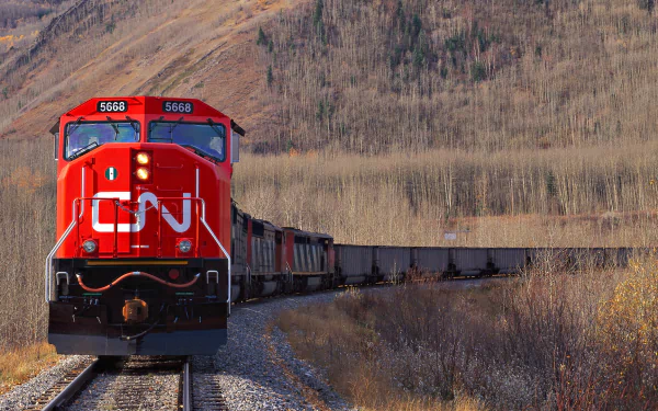 A vibrant red CN train travels along a scenic railway, surrounded by autumn foliage, making for an engaging HD PC desktop wallpaper and background.