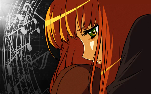 A cute anime character with green eyes and red hair expresses a lonely mood against a backdrop of musical notes, inspired by Spice and Wolf. Vibrant HD desktop wallpaper.