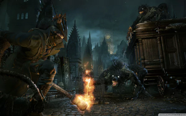 A dark and atmospheric scene from the video game Bloodborne, featuring menacing creatures and a character wielding fire in a haunting, gothic environment. High-definition PC wallpaper.