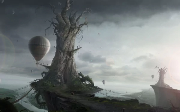 HD wallpaper featuring a gothic-fantasy landscape with towering ancient trees, suspended platforms, and balloons gliding through a misty sky.