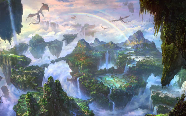 HD desktop wallpaper featuring a stunning, fantasy landscape with soaring dragons, cascading waterfalls, and lush greenery set against a misty, ethereal backdrop.