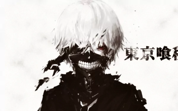HD desktop wallpaper featuring Ken Kaneki from Tokyo Ghoul, artistically rendered in monochrome with a menacing smile.