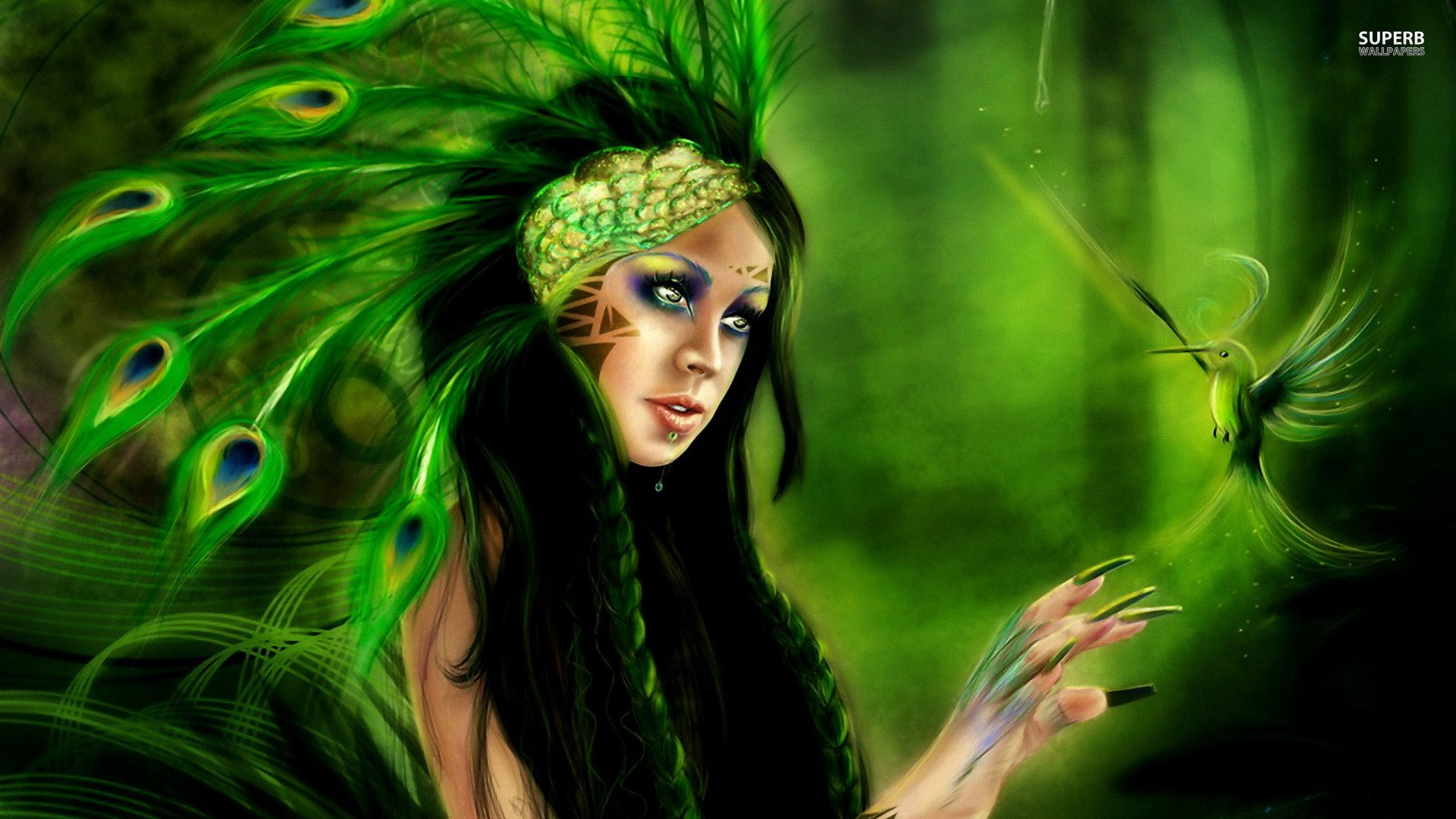 HD PC desktop wallpaper of a fantasy woman adorned with vibrant green feathers and intricate face paint, reaching out to a glowing fairy in a mystical forest.