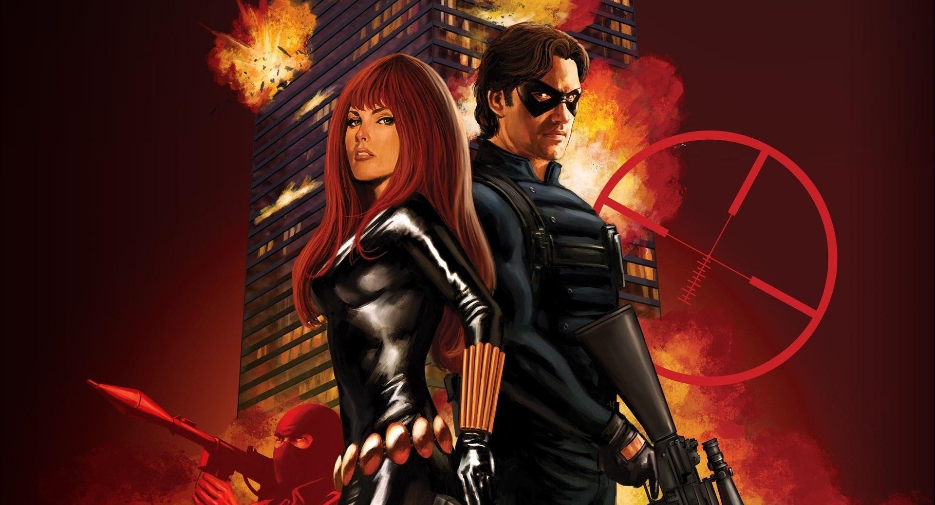 HD PC desktop wallpaper featuring comic-style Black Widow and a male ally standing back-to-back against a burning city backdrop with fiery explosions and target symbol.
