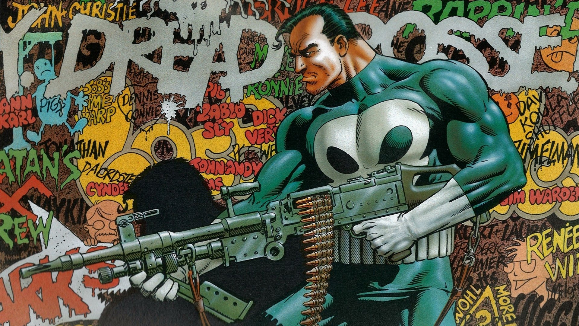 HD PC desktop wallpaper: comic-style Punisher in a green suit with a white skull emblem, gripping a heavy machine gun amid a colorful graffiti-covered background.