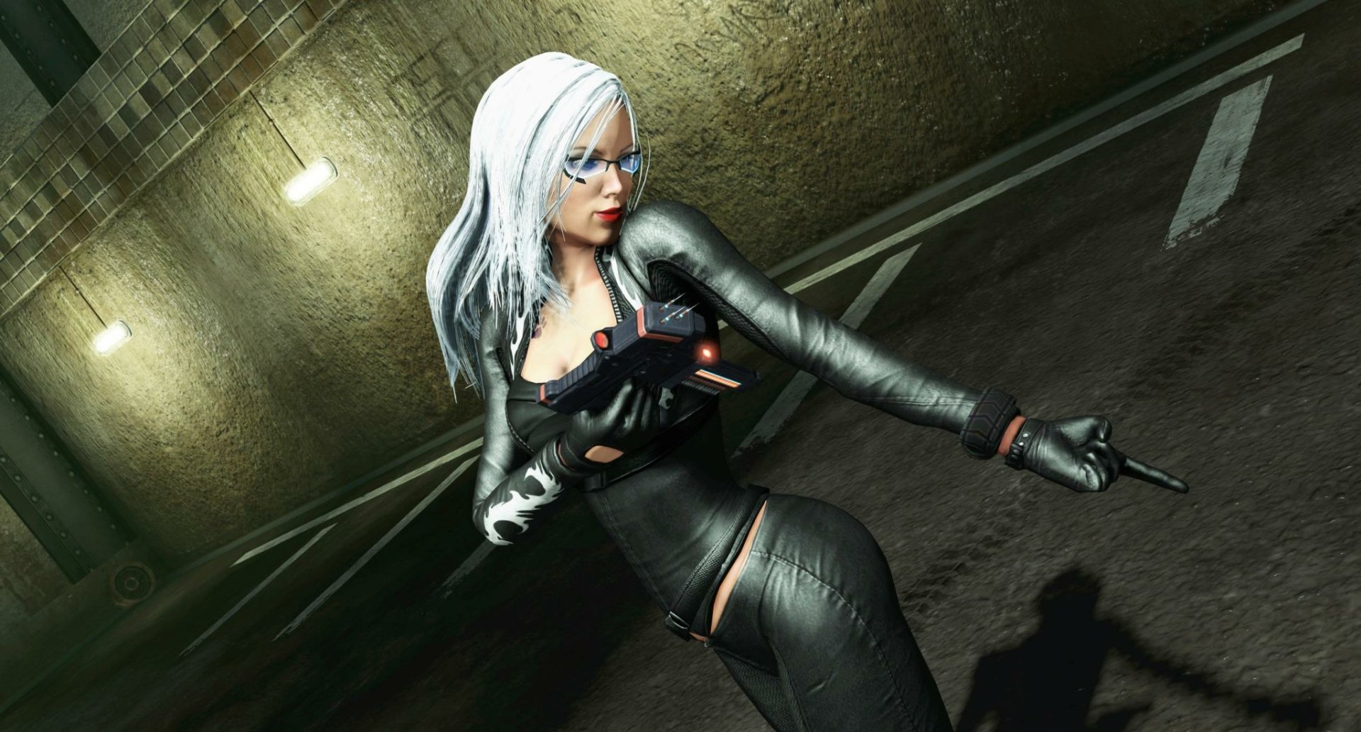 White-haired woman in a black leather suit crouches in a dim parking garage, pointing; HD PC desktop wallpaper/background from The Amazing Spider-Man video game.