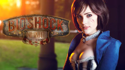 HD PC desktop wallpaper featuring a detailed character from the video game Bioshock Infinite with the game's logo beside her in a warm, glowing background.