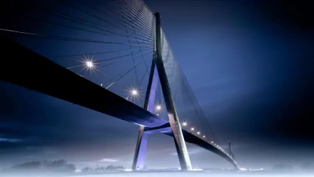 HD desktop wallpaper of the Pont de Normandie, a striking man-made cable-stayed bridge illuminated against a deep blue evening sky.