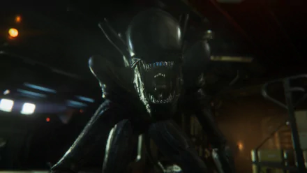 Close-up of a snarling Xenomorph from the video game Alien: Isolation in a dark industrial corridor, high-detail HD PC desktop wallpaper background.