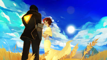 HD desktop wallpaper featuring Red from the video game Transistor, set against a vibrant sky and glowing sun with wheat fields in the foreground.