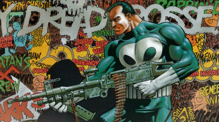 HD PC desktop wallpaper: comic-style Punisher in a green suit with a white skull emblem, gripping a heavy machine gun amid a colorful graffiti-covered background.