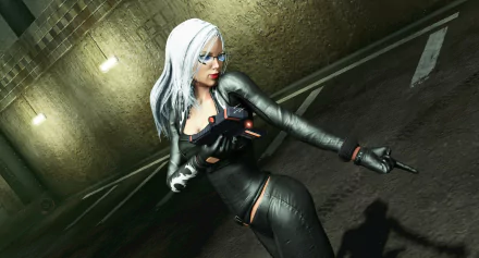 White-haired woman in a black leather suit crouches in a dim parking garage, pointing; HD PC desktop wallpaper/background from The Amazing Spider-Man video game.