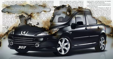 HD PC desktop wallpaper showing a sleek black Peugeot 307 sedan with visible 307 badge, presented as a vehicle against a torn newspaper-style background.