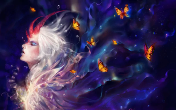 A fantasy-themed HD desktop wallpaper featuring a man with striking white and red hair, surrounded by vibrant butterflies amidst a swirling cosmic backdrop.