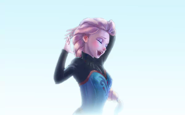 An HD desktop wallpaper featuring Elsa from Frozen, showcasing her gracefully styled hair and iconic outfit against a soft, light blue background.