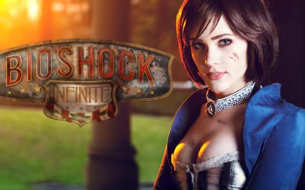 HD PC desktop wallpaper featuring a detailed character from the video game Bioshock Infinite with the game's logo beside her in a warm, glowing background.