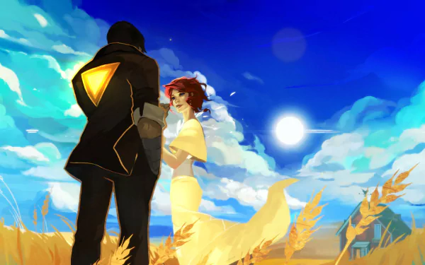 HD desktop wallpaper featuring Red from the video game Transistor, set against a vibrant sky and glowing sun with wheat fields in the foreground.
