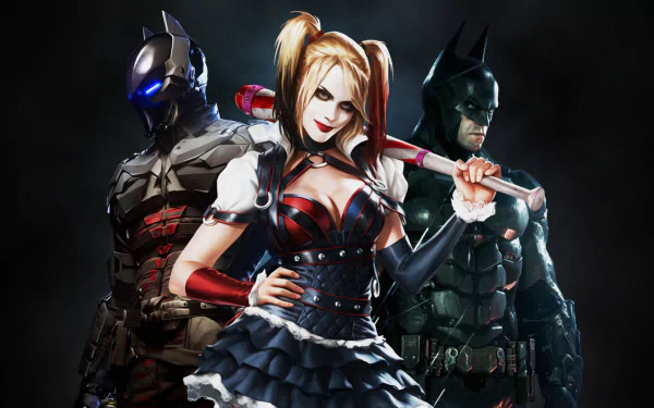 HD desktop wallpaper featuring Harley Quinn in the center with a baseball bat, flanked by Batman on the right, and Arkham Knight on the left. Characters are from the video game Batman: Arkham Knight.