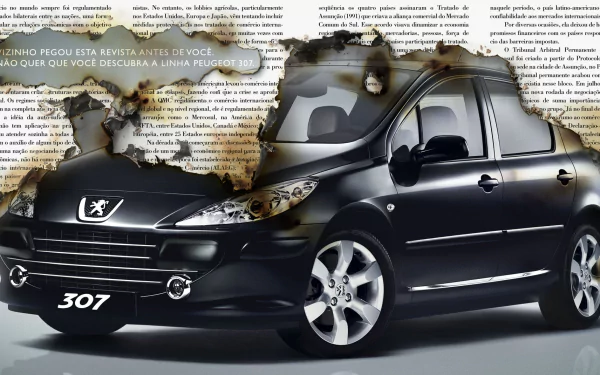 HD PC desktop wallpaper showing a sleek black Peugeot 307 sedan with visible 307 badge, presented as a vehicle against a torn newspaper-style background.