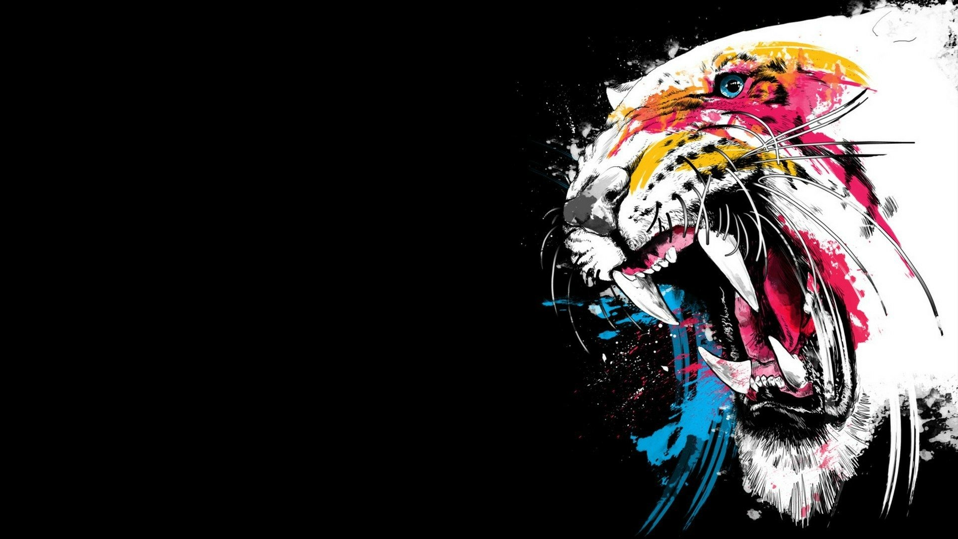 HD PC desktop wallpaper and background: stylized roaring tiger head with vibrant pink, yellow and blue paint splashes on the right against a black backdrop.