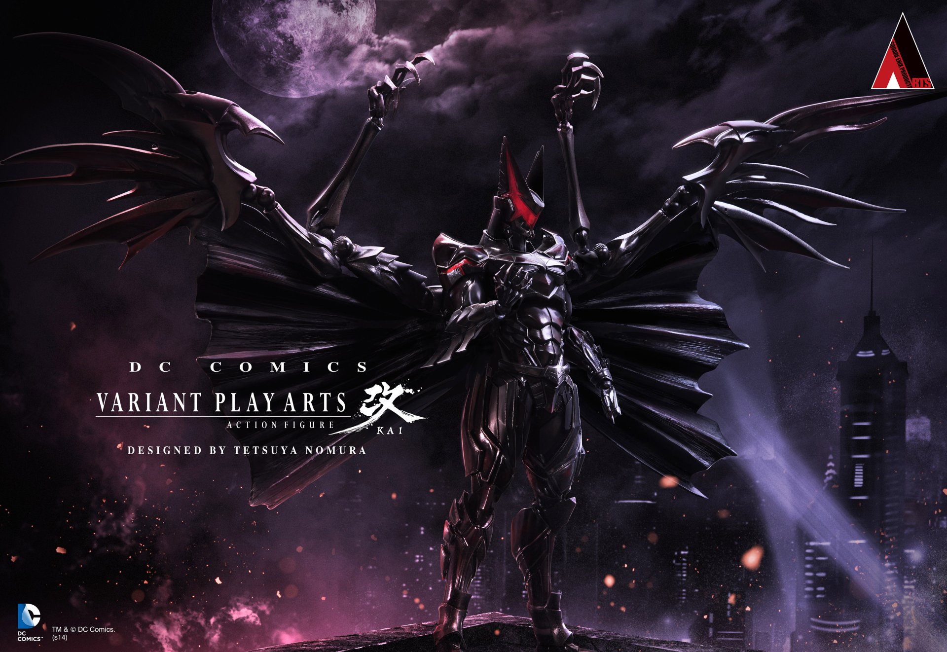 2K Quad HD PC desktop wallpaper/background: video game–style armored Batman with outstretched cape looming over a gothic city skyline, DC Comics Variant Play Arts branding.