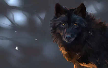 HD desktop wallpaper featuring a close-up of a dark wolf in a misty, wooded setting, creating a mysterious and captivating background.