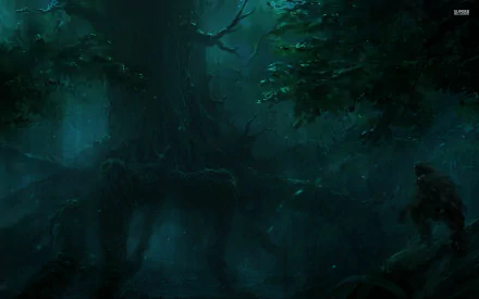 Fantasy-themed HD PC desktop wallpaper showing a hunter lurking in a dark, dense forest with a large wolf-like creature nearby, creating an eerie and mysterious atmosphere.