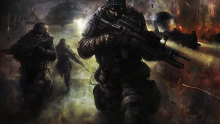 HD PC desktop wallpaper depicting a sci-fi SWAT team advancing through a dark, smoky environment with tactical gear and weapons ready for combat.