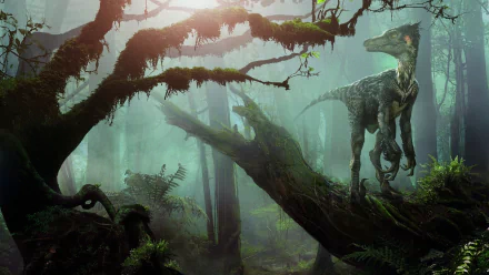 HD PC desktop wallpaper of two dinosaurs standing on fallen trees in a misty, dense forest with sunlight filtering through the canopy.