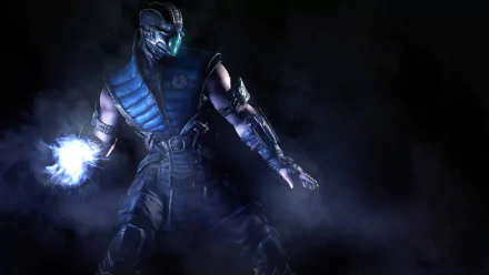 HD desktop wallpaper featuring Sub-Zero from Mortal Kombat X, showcasing the iconic ninja in his trademark blue costume, amidst a dark, misty background, holding an ice orb.