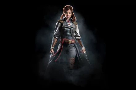 Élise de la Serre from Assassin's Creed: Unity stands confidently with weapons drawn, surrounded by a misty atmosphere, serving as a striking HD wallpaper for fans of the game.